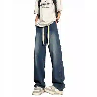 加菲猫家族 美式高街潮流复古水洗做旧宽松简约舒适透气系带松紧日常通勤时尚百搭直筒垂感中腰牛仔裤 男女同款