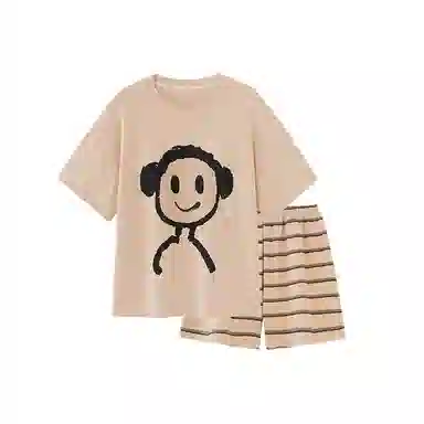 夏芬妍 简约时尚柔软亲肤卡通条纹圆领短袖短裤家居服休闲可外穿夏季睡衣套装 男女同款