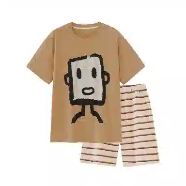 夏芬妍 简约时尚柔软亲肤卡通条纹圆领短袖短裤家居服休闲可外穿夏季睡衣套装 男女同款