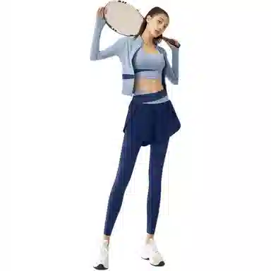 欧迪芬  修身舒适夏季薄款塑形拼色瑜伽服带胸垫晨跑步运动服专业普拉提训练速干透气外套背心假两件安全长裤显瘦三件套  健身套装  女款