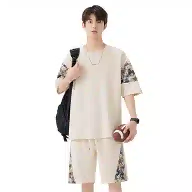 顶峰保罗 冰丝薄款圆领刺绣拼接短袖舒适潮流短裤一整套搭配无性别主义松紧腰弹力凉感透气百搭宽松时尚健身跑步速干休闲运动套装 男女同款