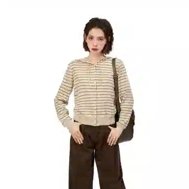 柏黛妃 条纹连帽长袖短款开衫针织衫 女款 燕麦色