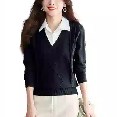 曲韩 翻领套头简约长袖针织衫 女款