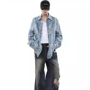 沐诚阳译 美式复古晕染格子慵懒风衬衣外套潮长袖衬衫 男款
