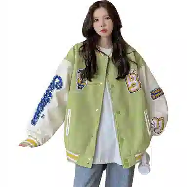 美式潮牌高街重磅撞色趣味小熊字母刺绣拼接外套街头痞帅潮流舒适百搭宽松休闲领落肩垂感直筒开衫棒球服 男女同款