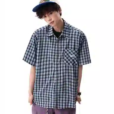 沐诚阳译 美式复古格纹学院风情侣衬衣百搭宽松短袖衬衫 男款