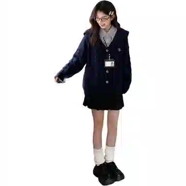 东鲸岁时记 学院风海军领复古绞花上衣毛衣外套学姐感松弛感宽松文艺风经典格纹半裙穿搭一整套裙装套装 秋冬季 女款 礼盒装 米白色