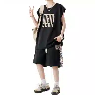 顶峰保罗 新中式印花背心短裤搭配一套宽松潮流时尚休闲运动套装 男女同款