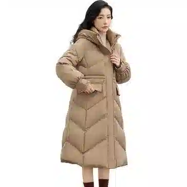 鸭鸭 纯色立领连帽修身长款过膝花边袖口精致衍线熟女优雅气质羽绒服 女款