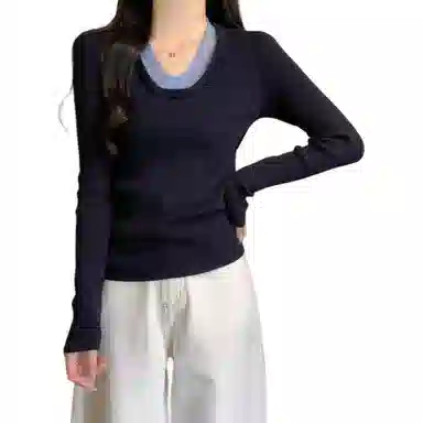 水中花 修身撞色假两件打底针织衫 女款