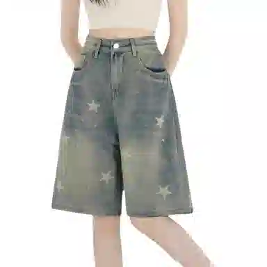 兰缪 复古风格星星印花阔腿五分中裤夏季宽松显瘦梨形身材牛仔短裤 女款