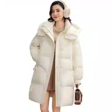 鸭鸭 连帽加厚中长款纯色拉链羽绒服 女款