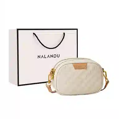 纳兰杜 女包休闲百搭通勤精致小众品牌包包 头层牛皮 小方包单肩斜挎包 小号 女款 米白拼杏/大象灰