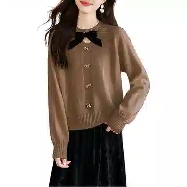 曲韩 拼色圆领短款针织衫 女款