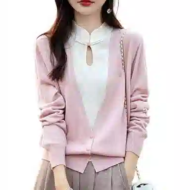 水中花 国风假两件开衫盘扣针织衫 女款