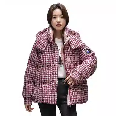鸭鸭 经典抗寒时尚千鸟格连帽保暖短款羽绒服 女款