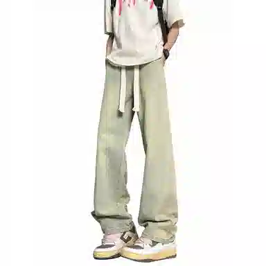 加菲猫家族 美式高街潮流复古水洗做旧宽松简约舒适透气系带松紧日常通勤时尚百搭直筒垂感中腰牛仔裤 男女同款