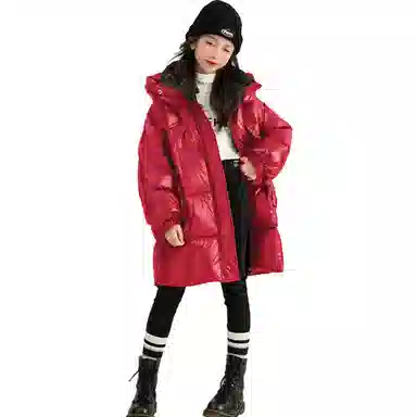 鸭鸭 纯色连帽加厚大口袋中长款拉链喜庆拜年羽绒服 儿童款 红色