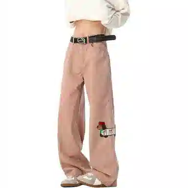 顶峰保罗 美式腊肠小狗刺绣直筒阔腿长裤百搭宽松重磅情侣潮牌凉感透气设计感显瘦显高休闲裤 男女同款