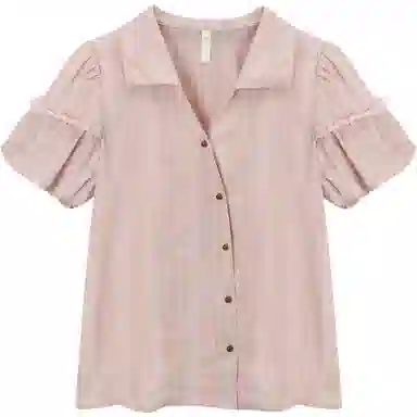 谜秀 复古法式条纹常规短袖翻领衬衫 女款