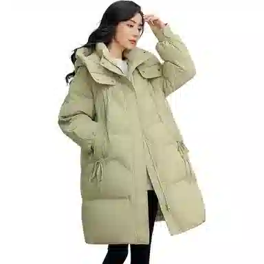 鸭鸭 连帽加厚中长款纯色拉链羽绒服 女款