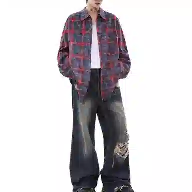 沐诚阳译 美式复古晕染格子慵懒风衬衣外套潮长袖衬衫 男款