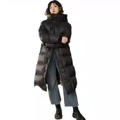 羽物 白鸭绒加长款纯色连帽长袖羽绒服 男女同款 黑色