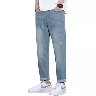 吉肯蒂 破洞薄款乞丐宽松直筒九分牛仔裤 男款