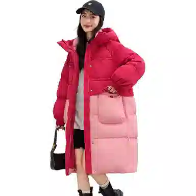 鸭鸭 中长款连帽撞色拼色韩版甜美校园风通勤时尚百搭羽绒服 女款