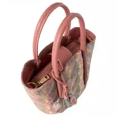 上海故事 时尚百搭经典 牛皮拼桑蚕丝 菜篮子包手提包 女款 粉色