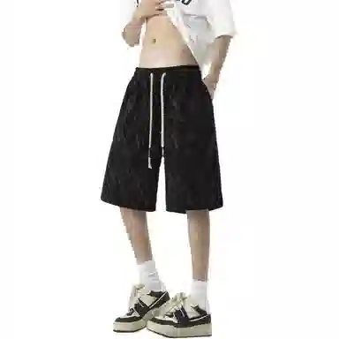 左岸 夏季港风潮流简约暗纹宽松系带中裤薄款沙滩风五分裤子休闲短裤 男款