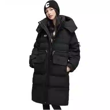 鸭鸭 中长款抽绳收腰连帽羽绒服 女款