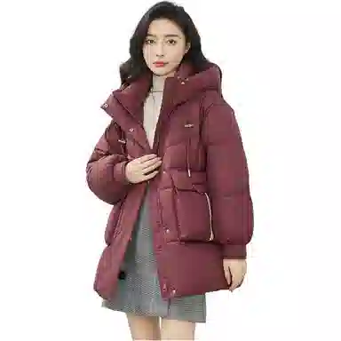 鸭鸭 纯色中长款韩版连帽面包服羽绒服 女款