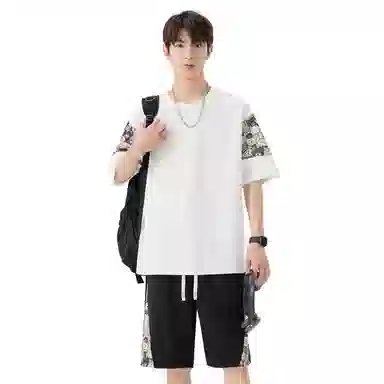 顶峰保罗 冰丝薄款圆领刺绣拼接短袖舒适潮流短裤一整套搭配无性别主义松紧腰弹力凉感透气百搭宽松时尚健身跑步速干休闲运动套装 男女同款