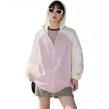 黑恐龙 轻薄透气宽松百搭休闲户外运动登山连帽拼接条纹连帽长袖防晒服 男女同款