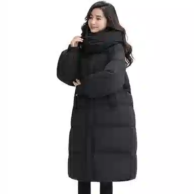 鸭鸭 纯色加厚中长款连帽拉链羽绒服 女款