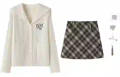 东鲸岁时记 学院风海军领复古绞花上衣毛衣外套学姐感松弛感宽松文艺风经典格纹半裙穿搭一整套裙装套装 秋冬季 女款 礼盒装 米白色