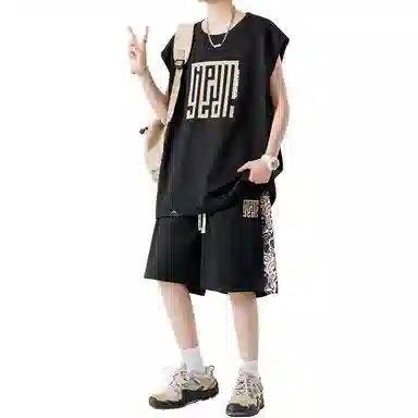 顶峰保罗 新中式印花背心短裤搭配一套宽松潮流时尚休闲运动套装 男女同款