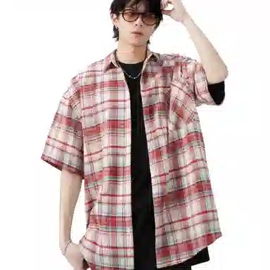 沐诚阳译 美式撞色潮牌宽松衬衣休闲短袖衬衫 男女同款