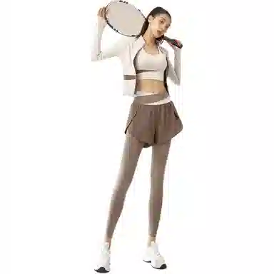 欧迪芬  修身舒适夏季薄款塑形拼色瑜伽服带胸垫晨跑步运动服专业普拉提训练速干透气外套背心假两件安全长裤显瘦三件套  健身套装  女款