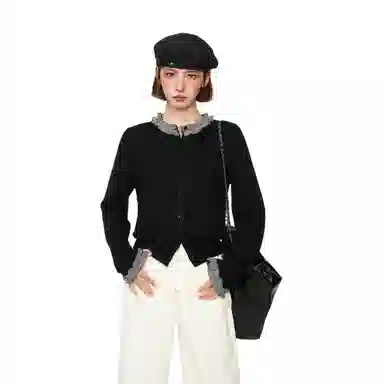 柏黛妃 假两件短款长袖打底针织衫 女款 黑色