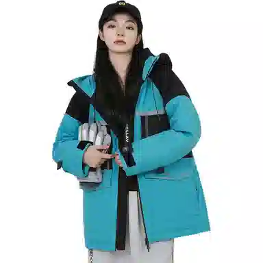 鸭鸭 中长款撞色拼接连帽羽绒服 男女同款