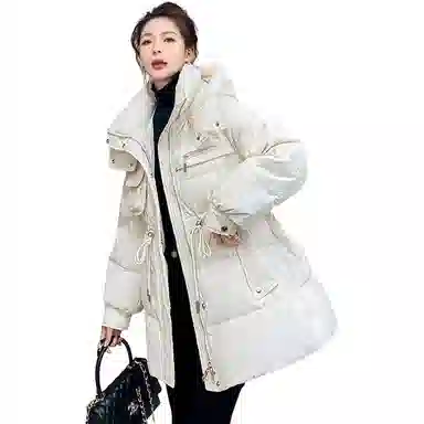 鸭鸭 韩版时尚印花收腰纯色简约立领连帽通勤甜美校园风羽绒服 女款