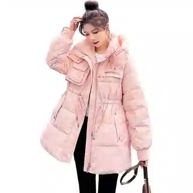 鸭鸭 韩版时尚印花收腰纯色简约立领连帽通勤甜美校园风羽绒服 女款