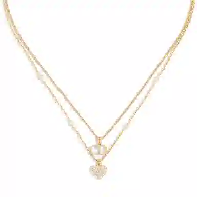 DIOR Double Chain Heart Pendant Necklace Gold
