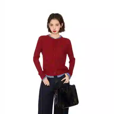 柏黛妃 假两件长袖短款打底针织衫 女款 红色