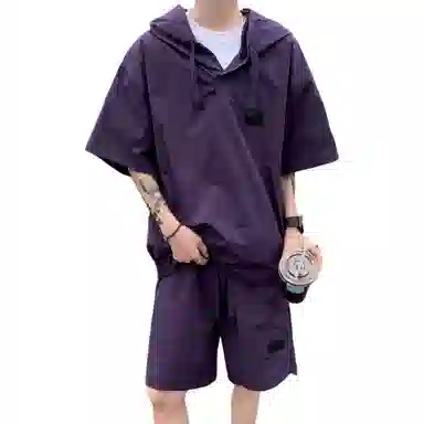 沐诚阳译 美式高街复古连帽短袖与五分裤宽松透气百搭组合轻薄速干上衣简约潮牌通勤户外垂感纯色休闲运动套装 男女同款