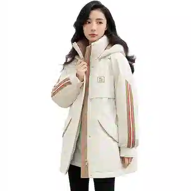 鸭鸭 纯色连帽通勤时尚收腰拉链长袖羽绒服 女款