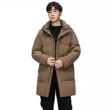 鸭鸭 纯色简约保暖防风抗寒户外加厚连帽中长款羽绒服 男款