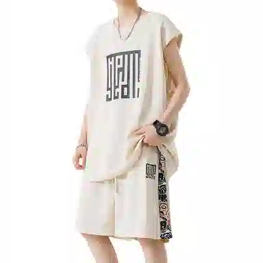 顶峰保罗 新中式印花背心短裤搭配一套宽松潮流时尚休闲运动套装 男女同款